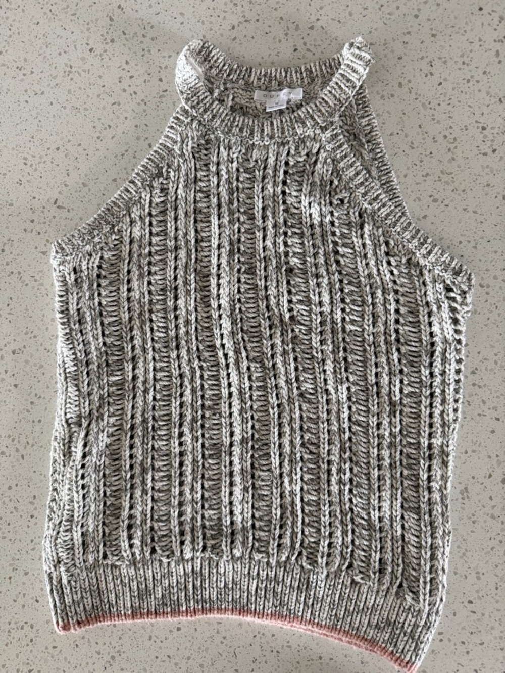 DUFFY Chunky Knit Sweater - Cream & Gray with Pink Trim Halter Sleeveless Top S